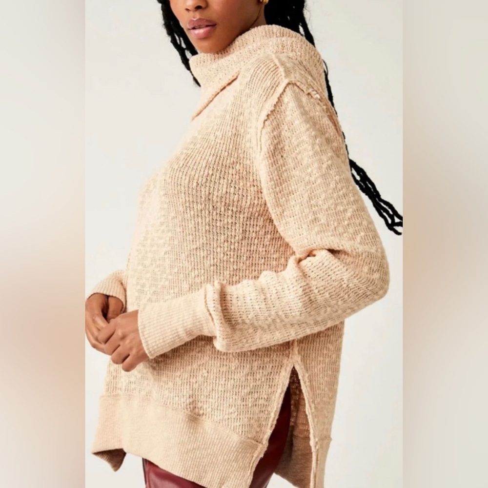 Free People We The Free Textured Knit Tommy Turtle Neck, Toasted Almond, sz M